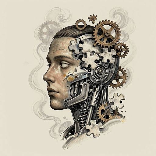 Digital illustration of a human head with mechanical gears and cogs emerging from the neck, blending human and machine elements. White background, intricate metallic textures,