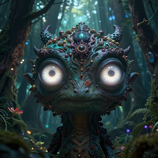Digital fantasy artwork of a mystical, horned creature with glowing white eyes, intricate blue and purple ornate headpiece, in a magical, illuminated forest