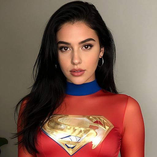 Photograph of a young woman with long black hair, wearing a red, sheer superhero costume with a gold Superman emblem and blue collar, standing against a