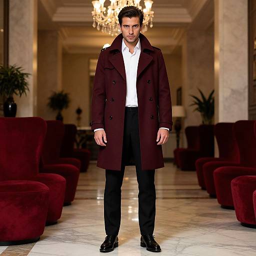 Photograph of a handsome man with dark hair and beard, wearing a dark brown overcoat, white shirt, black pants, and black shoes, standing