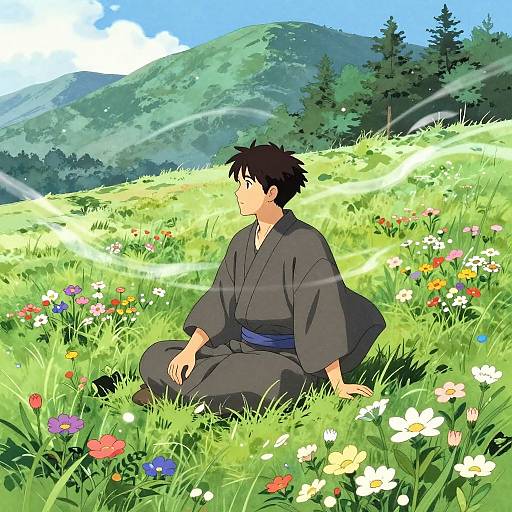 Anime-style drawing of a young man with black hair, wearing a gray kimono, sitting in a vibrant, sunlit meadow with colorful flowers and