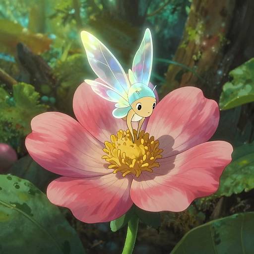Digital illustration of a cute, glowing blue fairy with transparent wings perched on a large pink flower with a yellow center in a lush, green forest.
