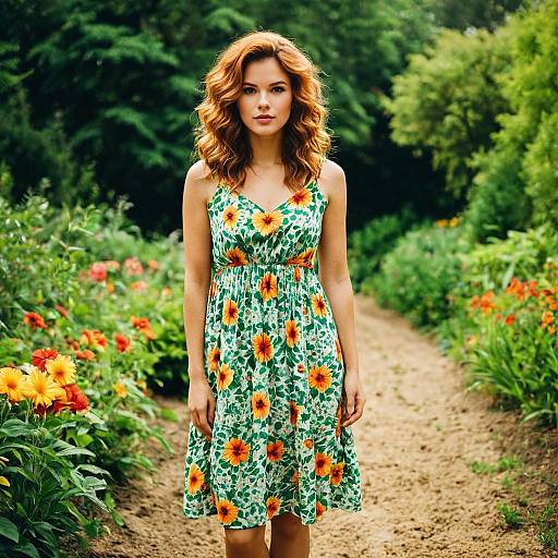 Young Woman in Floral Sundress in Garden