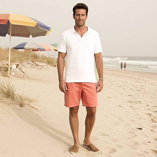 Photograph of a fit, middle-aged man with short dark hair, wearing a white polo, pink shorts, and brown sandals, standing on a sandy
