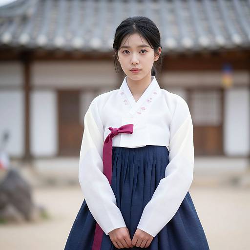 Photograph of an East Asian woman in traditional Korean hanbok: white long-sleeve blouse, maroon ribbon, dark navy skirt, standing