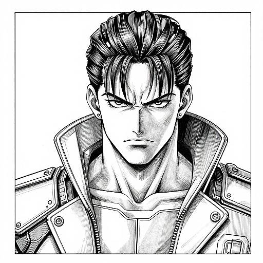 Black-and-white manga-style drawing of a stern-looking, muscular man with slicked-back hair, wearing a detailed, high-collared military jacket.