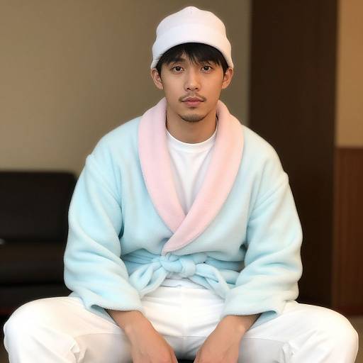 Photograph of an Asian man in a white judo gi with pink trim, white hat, sitting cross-legged indoors, neutral background.