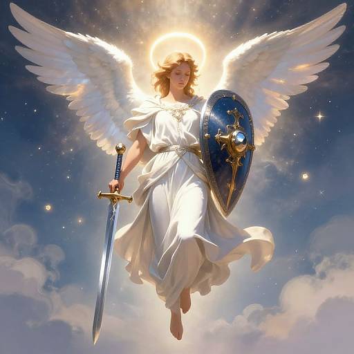 Angelic woman with glowing halo, white dress, wings, holding sword and shield, floating in starry sky with clouds. Digital art.