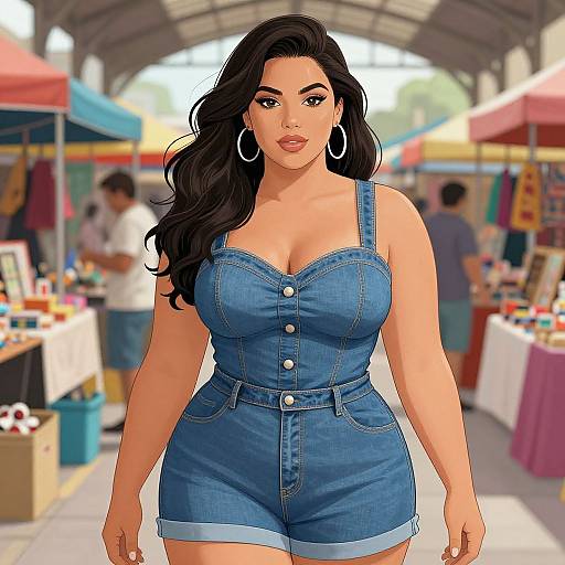Digital illustration of a curvy woman with long black hair, hoop earrings, and a blue denim romper, confidently walking through a vibrant, sunlit