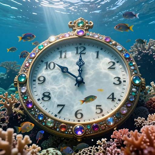 Photograph of an underwater clock adorned with colorful gems, surrounded by coral reefs and various fish, with sunlight filtering through the water.