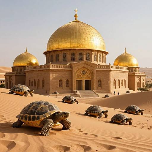 Photograph of a golden-domed mosque in a desert, with nine turtles walking across the orange sand in the foreground.