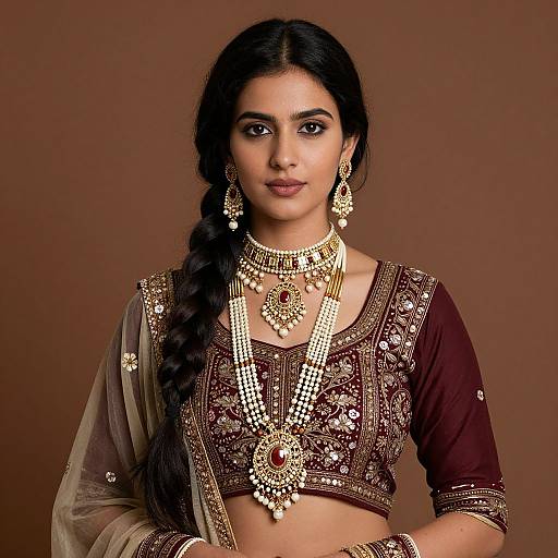 Photograph of an Indian woman with long black braided hair, wearing ornate gold jewelry, a maroon embroidered crop top, and a beige sare