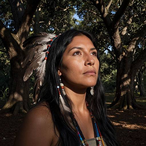 Photograph of a Native American woman with long black hair, wearing a feathered headband and beaded necklace, gazing upwards in a sunlit