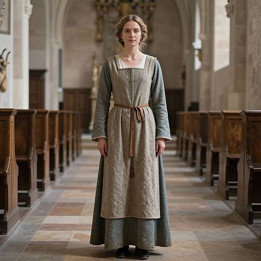 Photograph of a young Caucasian woman with brown curly hair, wearing a medieval-style grey dress and apron, standing in a stone-walled, wooden