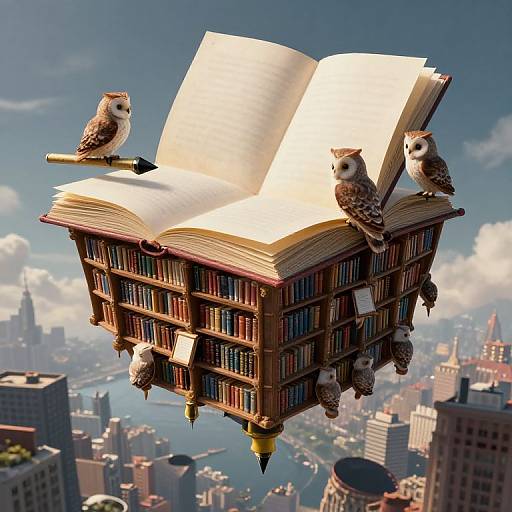 Digital illustration of a floating, book-filled library with three owls perched on an open, glowing book, above a cityscape.