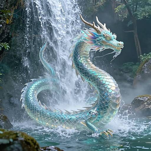 Digital artwork of a radiant blue, aqua-scaled dragon with white horns, standing in a misty waterfall, surrounded by lush forest.