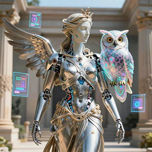 Digital CGI of a futuristic, metallic-winged female statue with a glowing owl, wearing a golden crown and ornate, cybernetic armor. Background