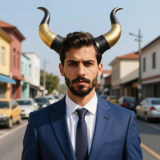 Photograph of a bearded man in a blue suit, white shirt, black tie, and black-and-gold horned headpiece, standing on
