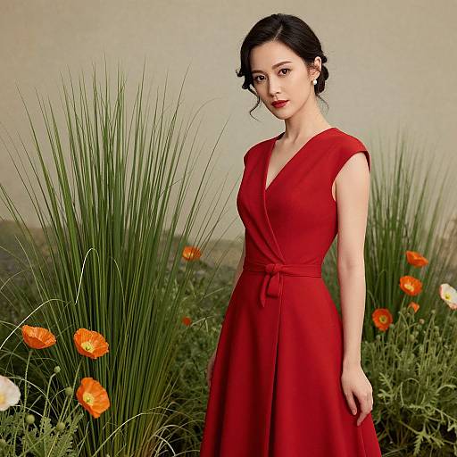 Elegant Woman in Red Dress Amidst Foliage