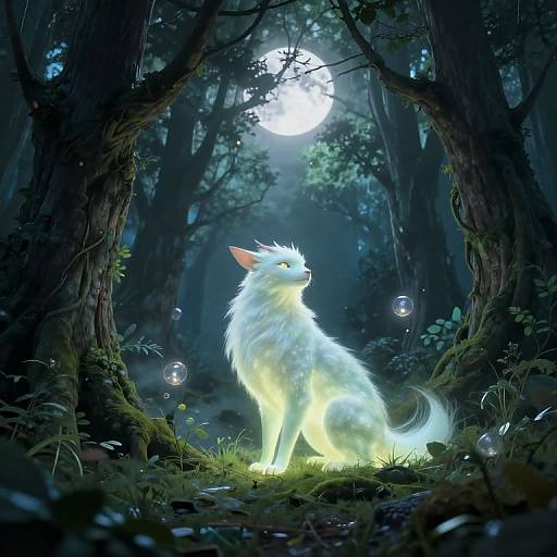Digital fantasy artwork of a glowing white fox with ethereal light, sitting in a moonlit, misty forest, surrounded by floating bubbles.