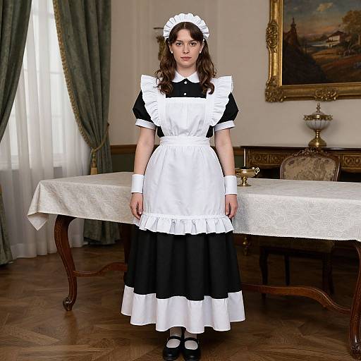 Photograph of a young woman with fair skin, dark brown hair, and blue eyes, wearing a classic black and white French maid outfit, standing in