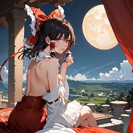 Detailed Fantasy Night Scene with Hakurei Reimu