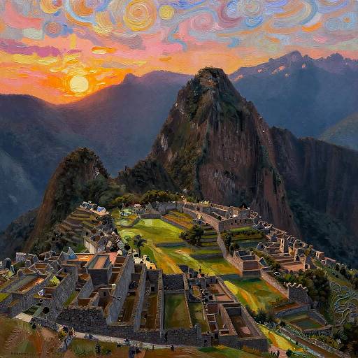 Van Gogh Style Oil Painting of Machu Picchu at Sunset