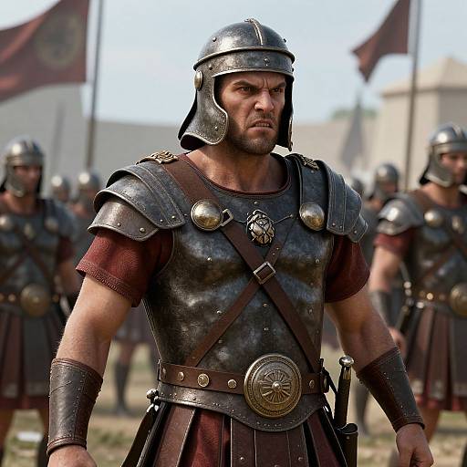 Photograph of a muscular, bearded warrior in ancient Roman-style armor, with a bronze helmet, dark chest plate, and red tunic, standing