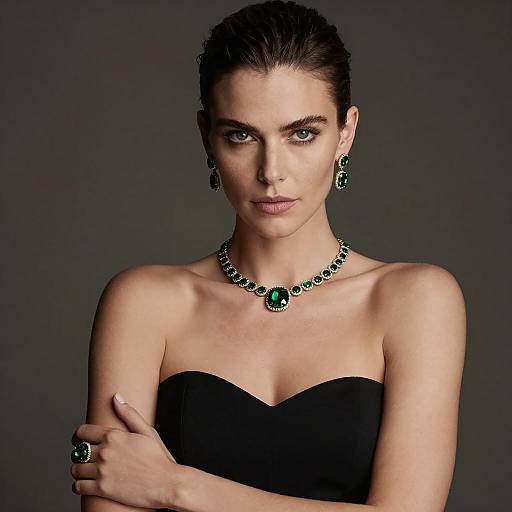Woman Wearing Green Gemstone Jewelry and Black Dress