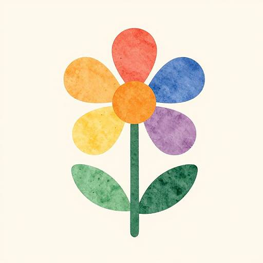 Watercolor-style drawing of a five-petaled flower with red, orange, yellow, blue, and purple petals, green leaves, and a textured