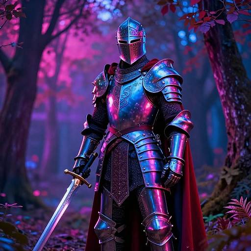 Photorealistic digital art of a gleaming, armored knight in metallic blue and purple armor, holding a glowing sword, standing in a mystical, neon