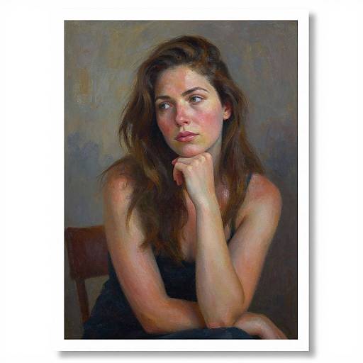Photorealistic painting of a pensive, fair-skinned woman with brown hair, wearing a black dress, resting her chin on her hand, against