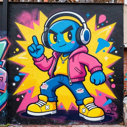 Vibrant graffiti of a blue cartoon character with yellow eyes, pink hoodie, ripped jeans, yellow sneakers, and white headphones, flashing a peace sign