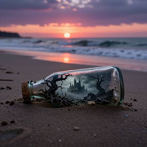 Photograph of a glass bottle with black, tree-like ink patterns, lying on a sandy beach at sunset, with waves and a colorful sky in the