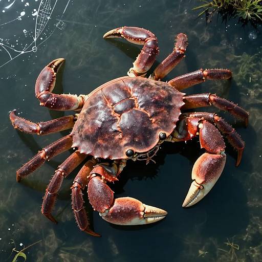 Photograph of a vibrant, reddish-brown crab with shiny, textured shell and detailed claws, floating in clear, dark water.