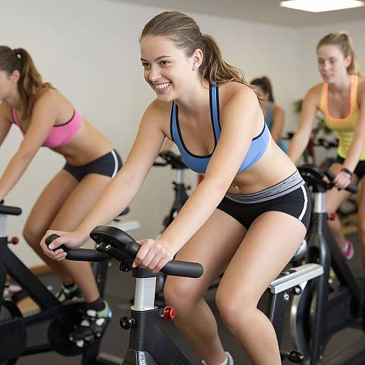 Photograph of three smiling young women in sports bras and shorts cycling in a bright, modern gym with mirrored walls.