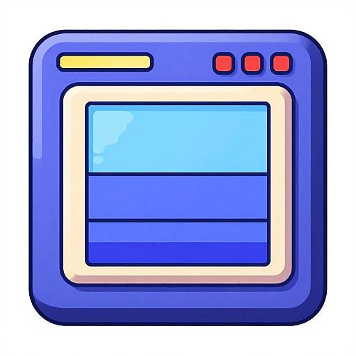 Digital illustration of a blue, square electronic display with a light beige border, featuring a blue screen and red buttons.