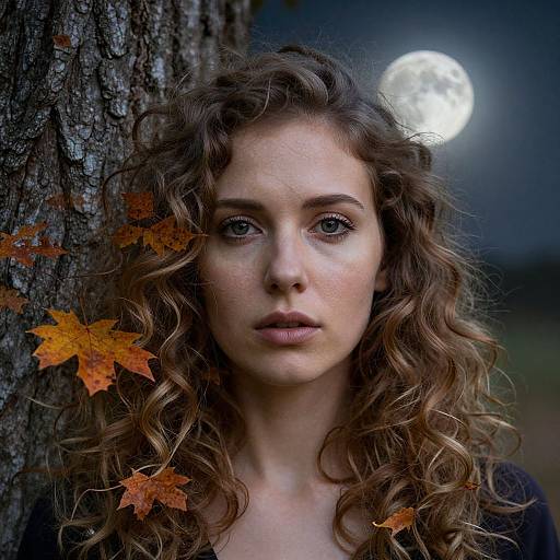 Photograph of a young woman with curly brown hair, blue eyes, and fair skin, standing against a tree, with autumn leaves and a full moon