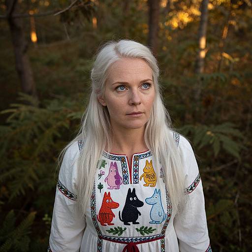 Photograph of a young white woman with long platinum blonde hair, blue eyes, wearing a white embroidered folk dress with colorful animal designs, standing in a
