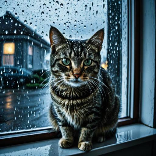 Cat on Windowsill in Rainy Twilight Cat on Windowsill in Rainy Twilight