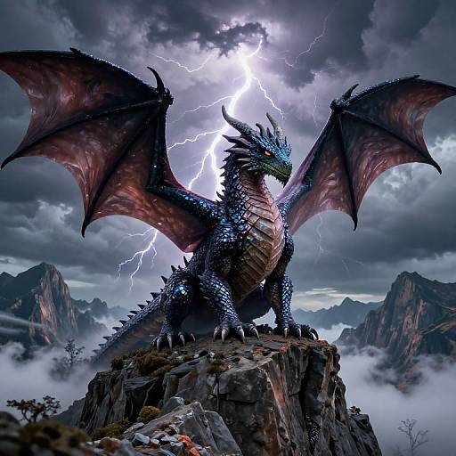 Digital art of a powerful blue and red dragon with glowing eyes, lightning bolts in the stormy sky, standing on a rocky peak amidst jagged mountains