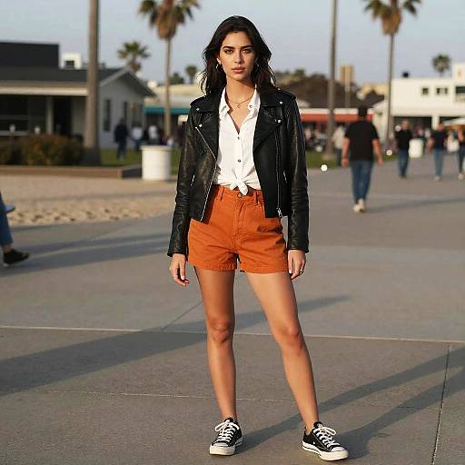 Photograph of a young woman with long dark hair, wearing a black leather jacket, white blouse, orange shorts, and black sneakers, standing confidently in