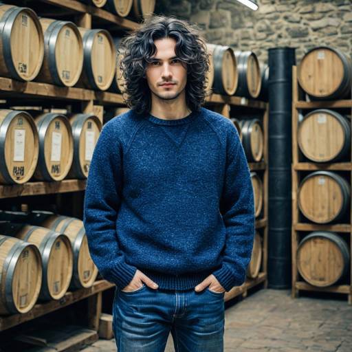 Young Man in Blue Sweater and Jeans in Wine Cellar