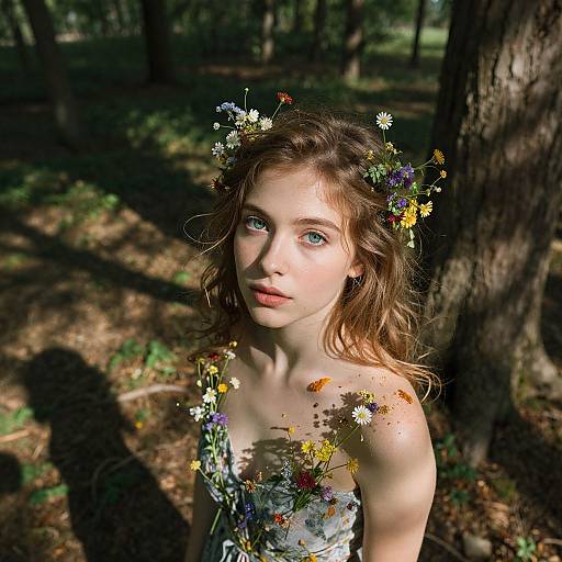 Photograph of a young woman with wavy brown hair, blue eyes, and fair skin, adorned with a floral crown and dress, standing in a