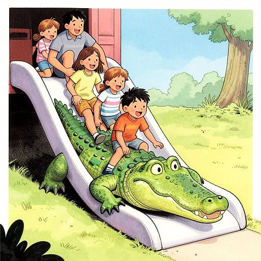 Colorful cartoon illustration of six children riding a white slide shaped like a green alligator, with a sunny backyard and tree background.
