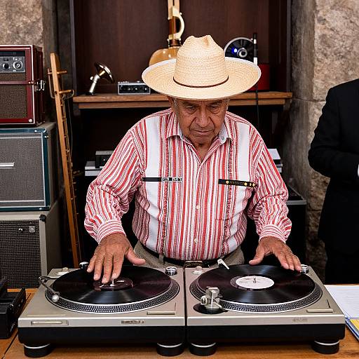 Photograph of an older Hispanic man in a straw hat and red-striped shirt, DJing with two turntables in a rustic room.