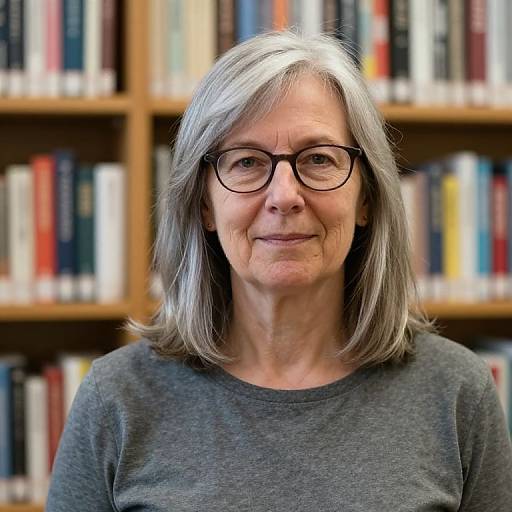 Photograph of an older woman with gray hair, black glasses, and a gray sweater, standing in front of a bookshelf filled with colorful books.
