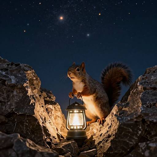 Photograph of a lit lantern held by a standing squirrel between rocky cliffs under a starry night sky.