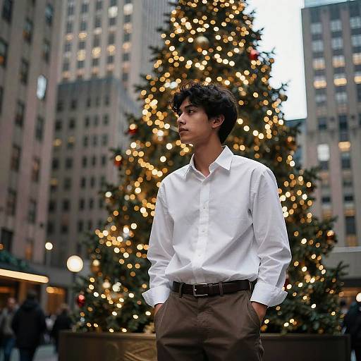 Photograph of a young man with dark hair, wearing a white shirt and brown pants, standing in front of a brightly lit Christmas tree in a city
