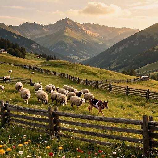 Photograph of a pastoral mountain scene at sunset, featuring a herd of woolly sheep grazing beside a wooden fence, with a German Shepherd dog nearby,